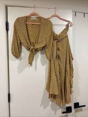 Faithfull the Brand Mustard and Black Polka Dot Blouse & Skirt